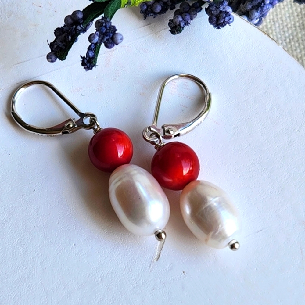Red Coral and White Pearl Drop Earrings